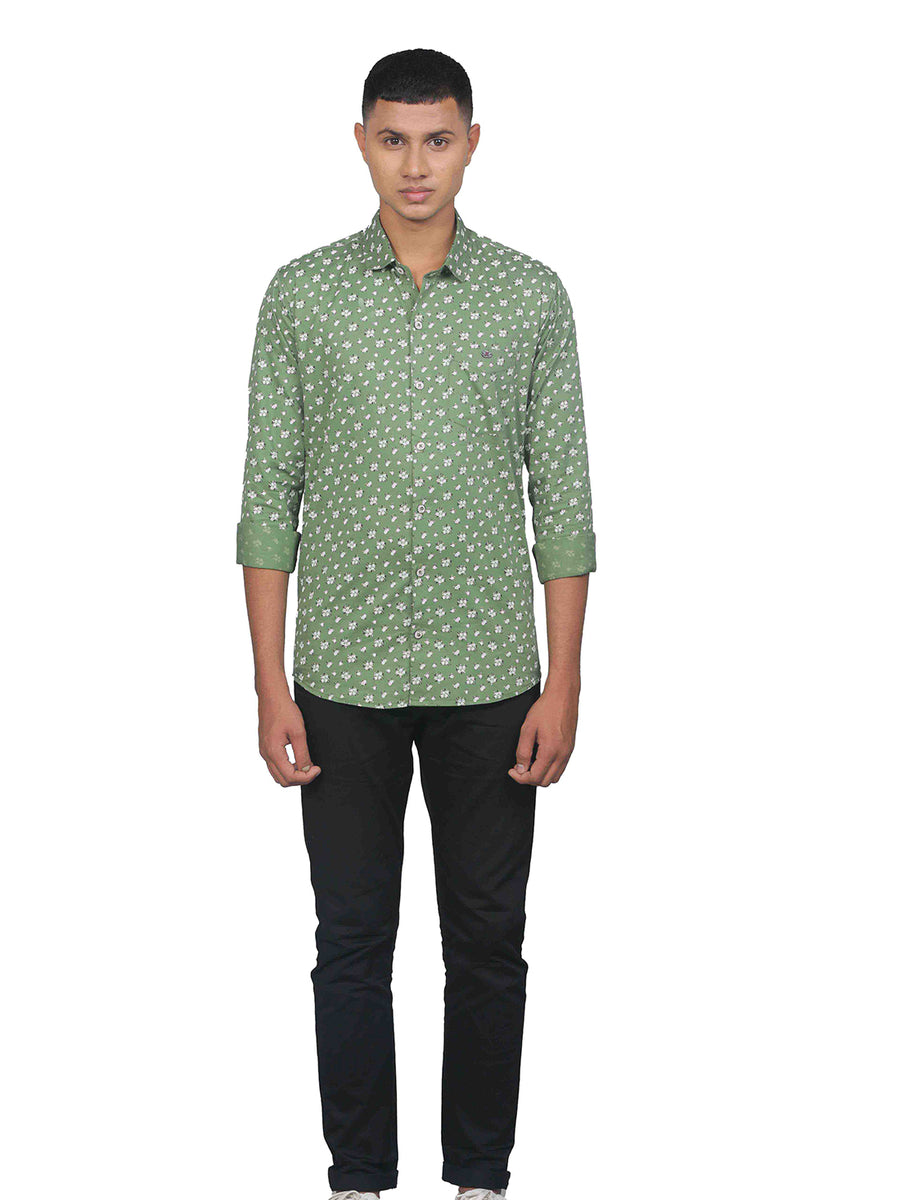 Green Grey Floral Print Cotton Shirt