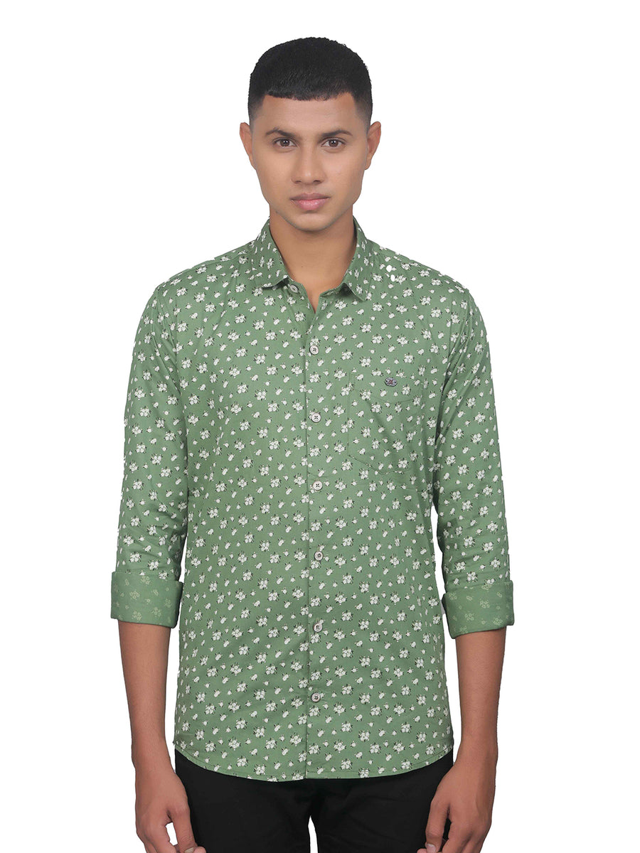 Green Grey Floral Print Cotton Shirt