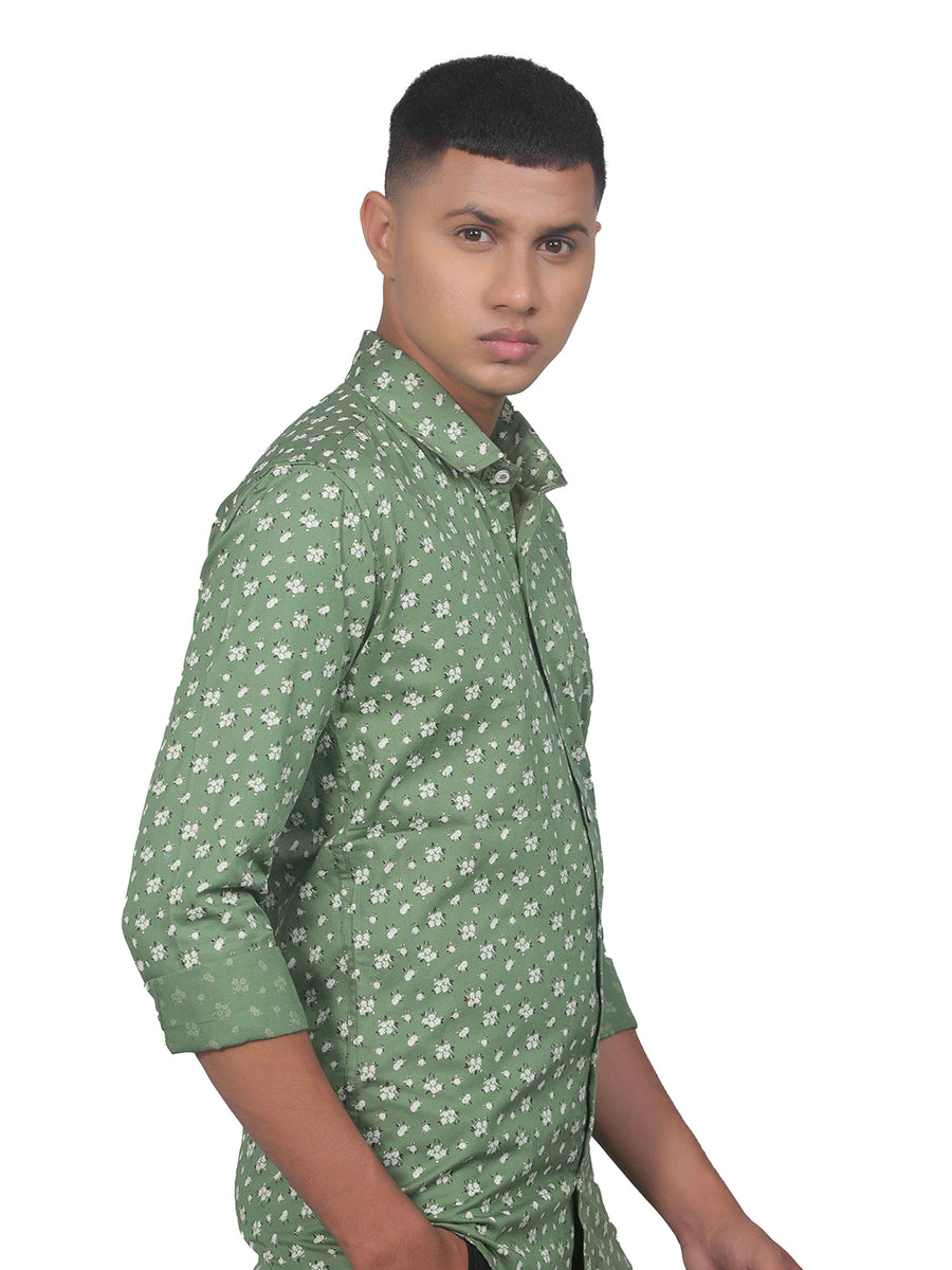 Green Grey Floral Print Cotton Shirt