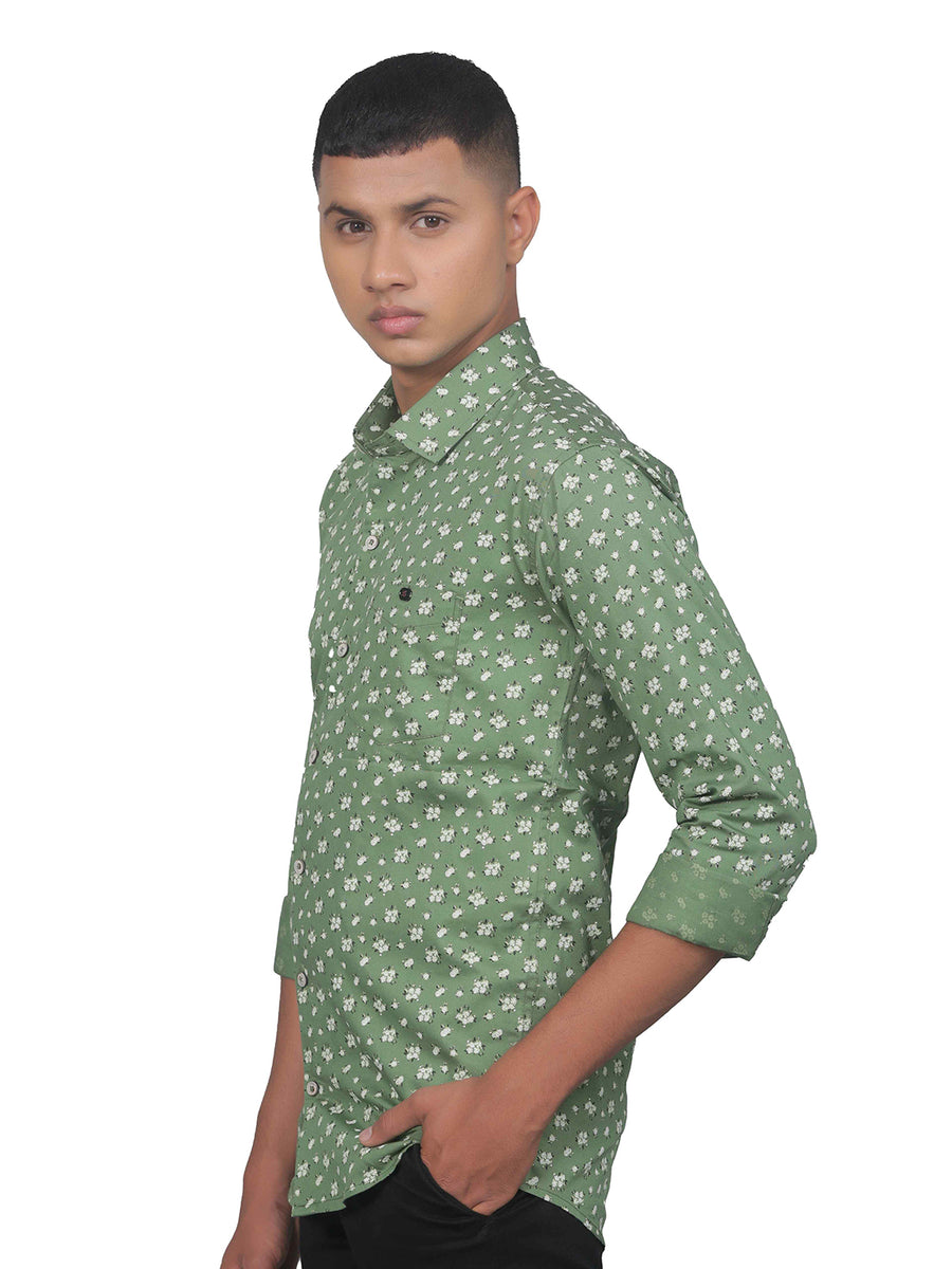 Green Grey Floral Print Cotton Shirt