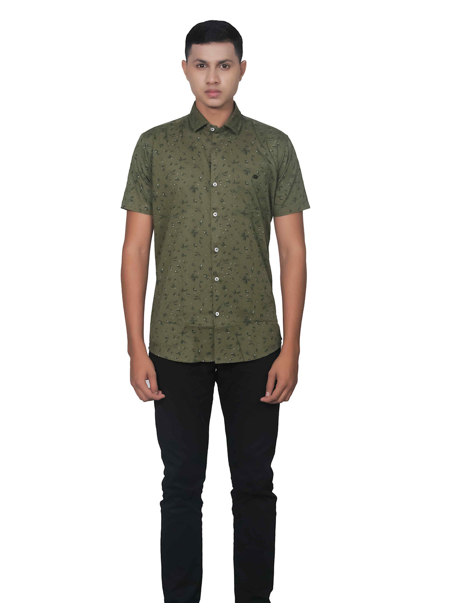 Olive Leaf Print Half Sleeve Cotton Shirt