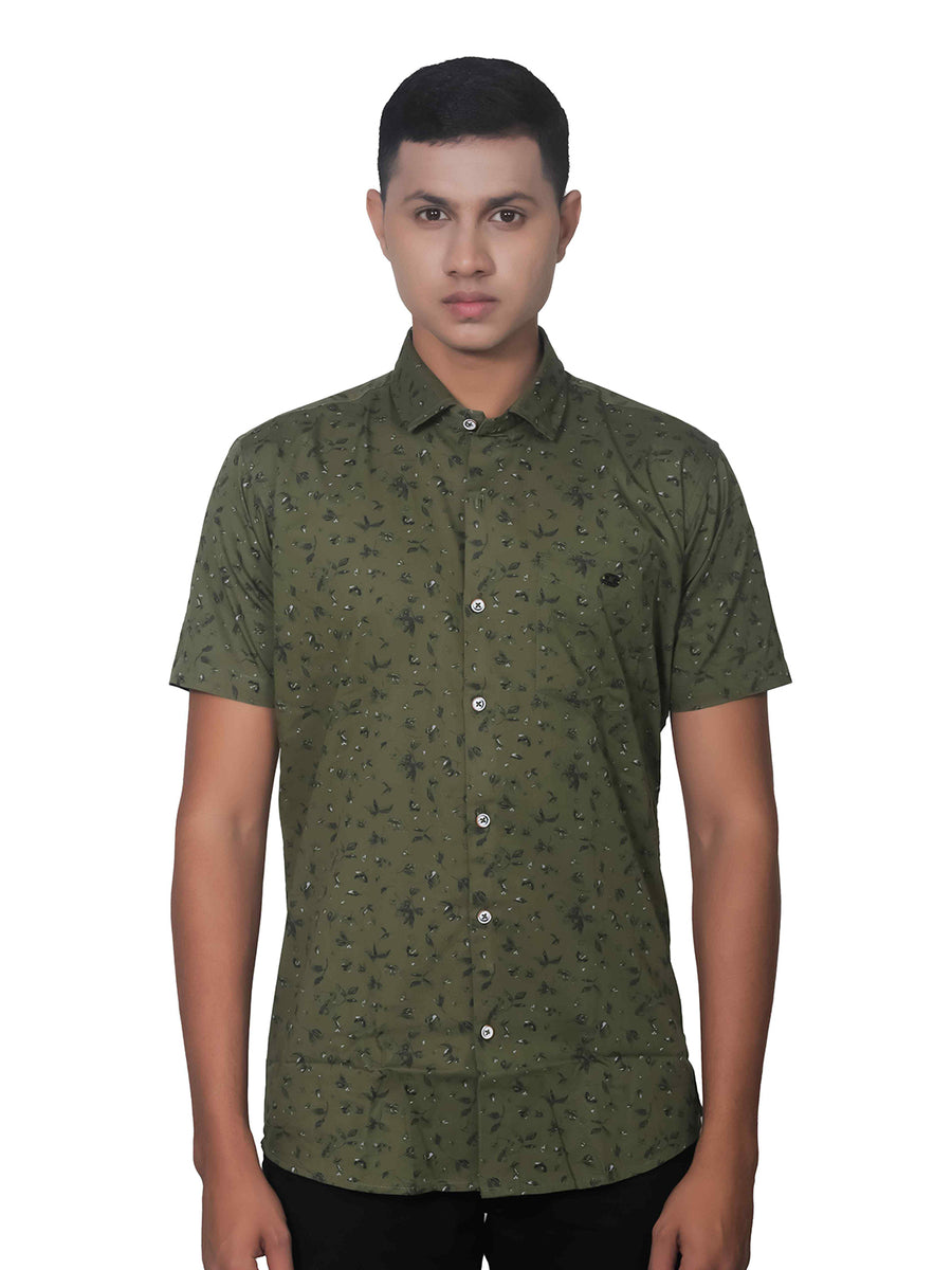 Olive Leaf Print Half Sleeve Cotton Shirt